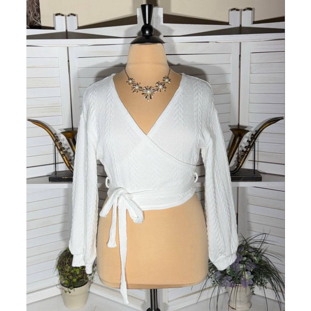 Zaful white cable knit sweater ballooned sleeve tie waist coquette fairy coastal